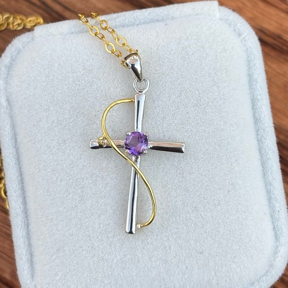 Elegant 925 Sterling Silver & 18K gold Natural Amethyst Cross Pendant Necklace